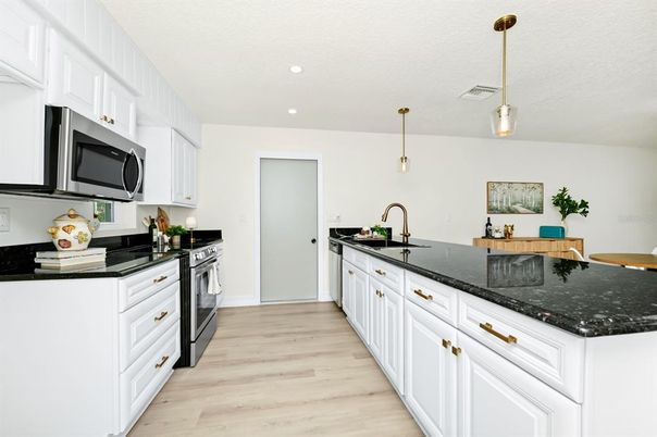 Interior, Kitchen, Pendant Lights, Recessed Lighting, Wood Texture Flooring