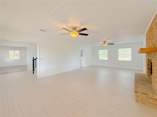 Empty room, Fireplace, Interior, Stone Walls, Wood Texture Flooring