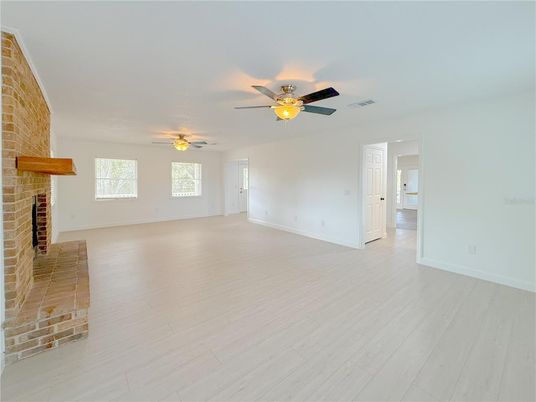 Empty room, Fireplace, Interior, Stone Walls, Wood Texture Flooring