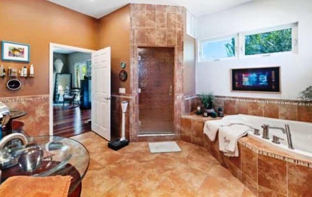 Bathroom, Interior, Recessed Lighting, Wood Texture Flooring
