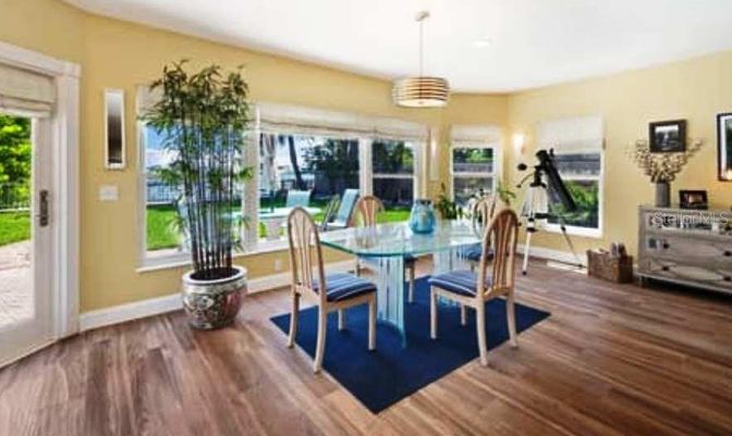 Dining room, Interior, Pendant Lights, Wood Texture Flooring