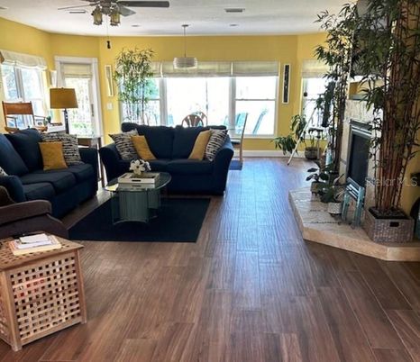 Fireplace, Interior, Living room, Pendant Lights, Wood Texture Flooring
