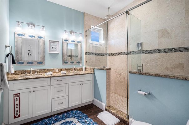 Bathroom, Dual Sink Vanities, Glass Shower, Interior, Wood Texture Flooring