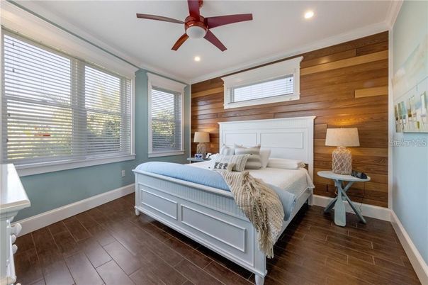 Bedroom, Interior, Recessed Lighting, Wood Texture Flooring, Wooden Walls
