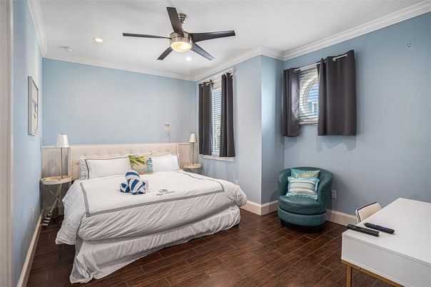 Bedroom, Interior, Recessed Lighting, Wood Texture Flooring