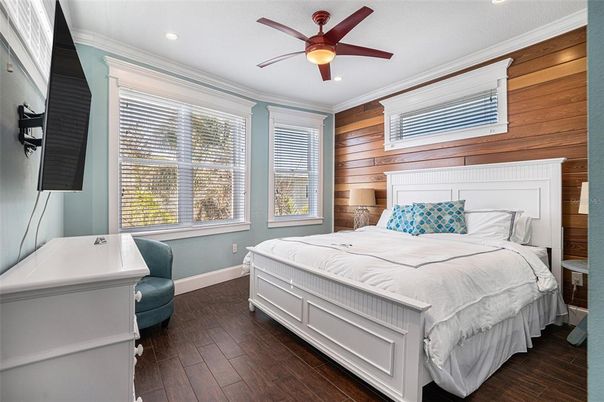 Bedroom, Interior, Recessed Lighting, Wood Texture Flooring, Wooden Walls