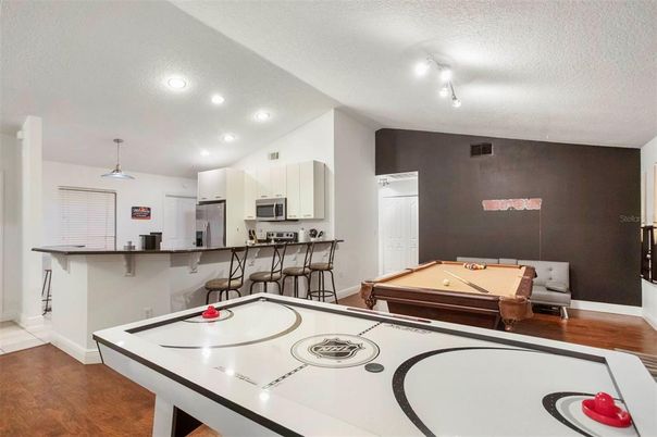 Billiard Table, Game Room, Interior, Kitchen, Recessed Lighting, Wood Texture Flooring