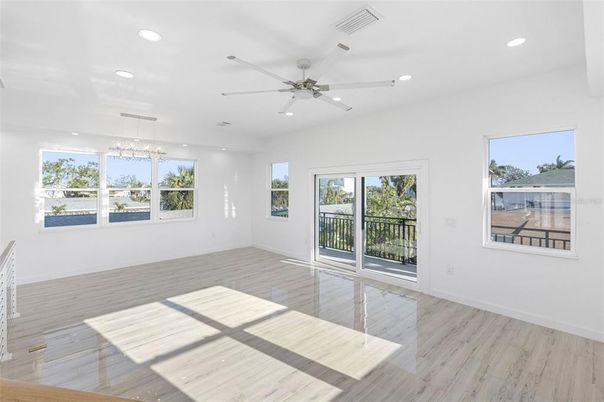 Chandelier, Empty room, Interior, Recessed Lighting, Wood Texture Flooring
