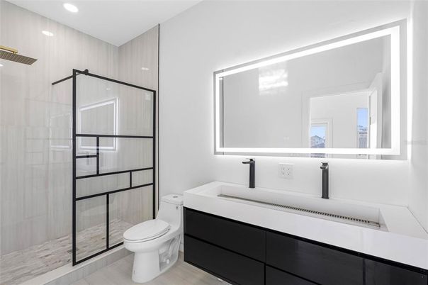 Bathroom, Glass Shower, Interior, Recessed Lighting, Wood Texture Flooring