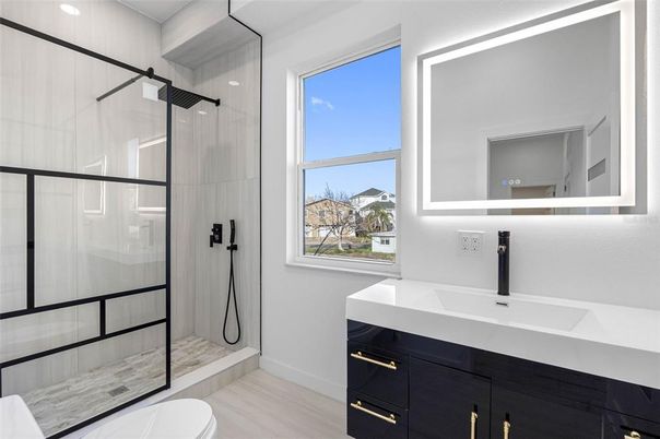 Bathroom, Glass Shower, Interior, Wood Texture Flooring