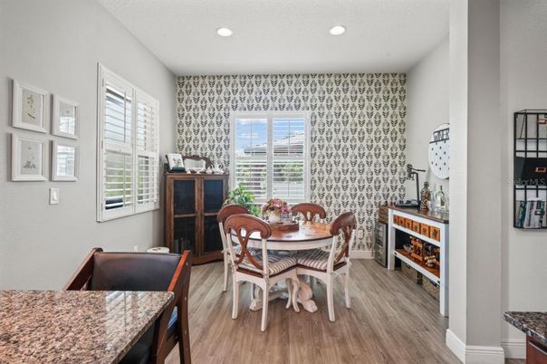 Dining room, Interior, Recessed Lighting, Wood Texture Flooring