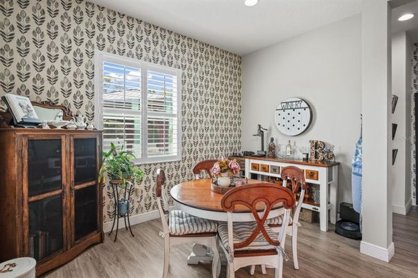 Dining room, Interior, Recessed Lighting, Wood Texture Flooring