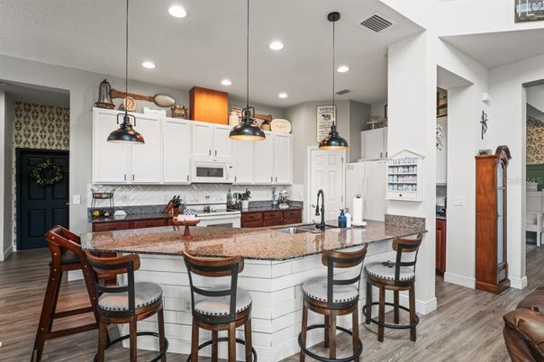 Interior, Kitchen, Pendant Lights, Recessed Lighting, Wood Texture Flooring