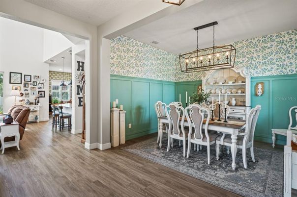 Chandelier, Dining room, Interior, Pendant Lights, Wood Texture Flooring