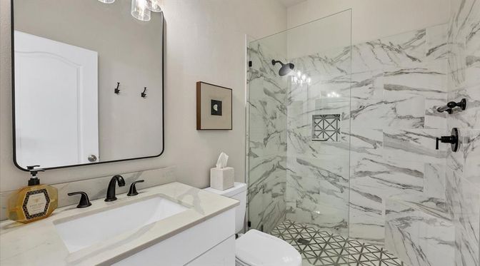Bathroom, Glass Shower, Interior, Marble Walls