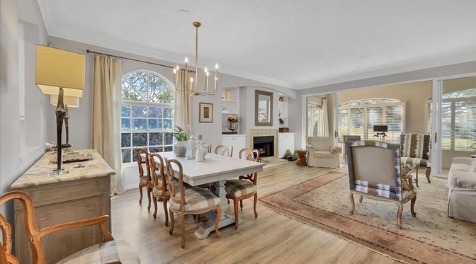 Dining room, Fireplace, Interior, Living room, Pendant Lights, Wood Texture Flooring