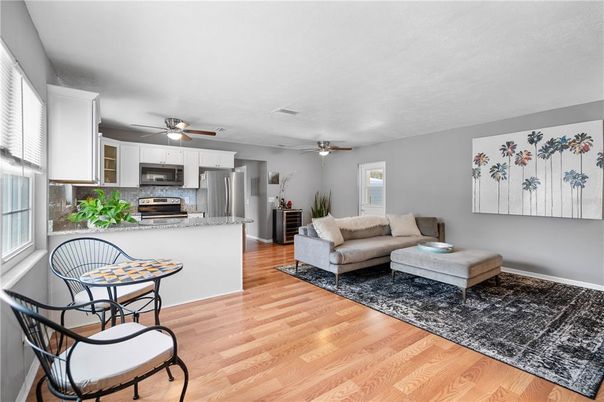 Interior, Kitchen, Living room, Stainless Steel Appliances, Wood Texture Flooring