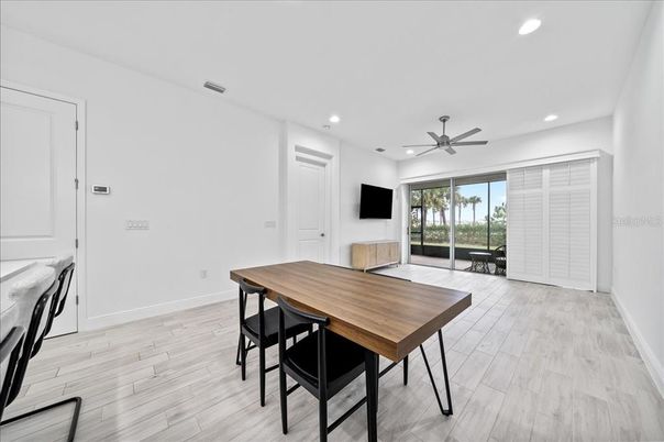 Dining room, Interior, Recessed Lighting, Wood Texture Flooring