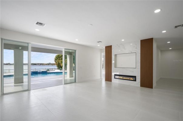 Empty room, Fireplace, Interior, Marble Walls, Recessed Lighting, Water