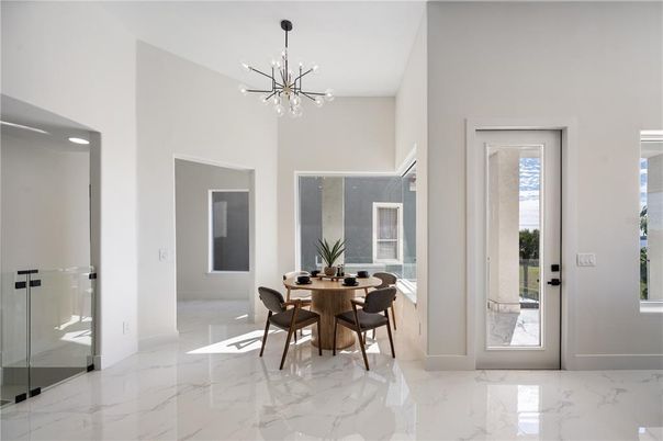 Dining room, Interior, Marble, Pendant Lights