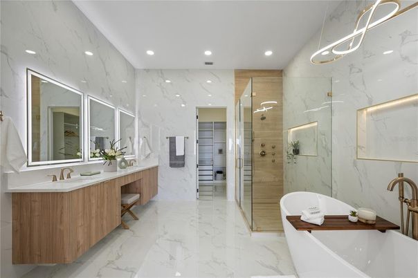 Bathroom, Dual Sink Vanities, Free Standing Baths, Glass Shower, Interior, Marble, Marble Walls, Recessed Lighting