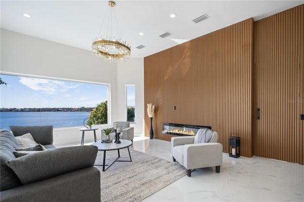 Fireplace, Interior, Living room, Marble, Pendant Lights, Recessed Lighting, Water