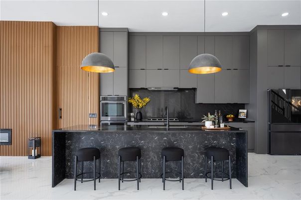 Interior, Kitchen, Marble, Pendant Lights, Recessed Lighting, Stainless Steel Appliances
