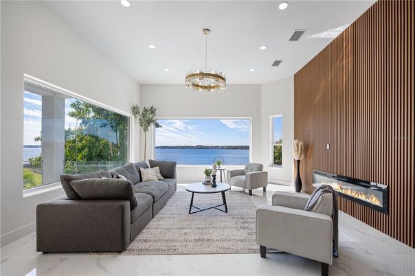 Fireplace, Interior, Living room, Marble, Pendant Lights, Recessed Lighting, Water