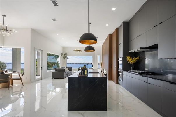 Interior, Kitchen, Marble, Pendant Lights, Recessed Lighting, Water