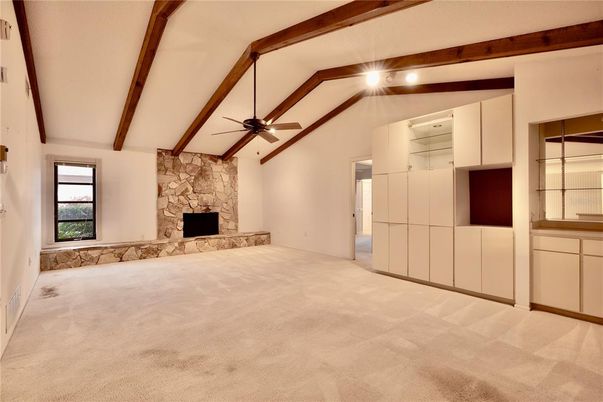 Empty room, Fireplace, Interior, Stone Walls, Wooden Beams