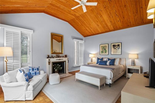 Bedroom, Fireplace, Interior, Wooden Ceilings, Wood Texture Flooring