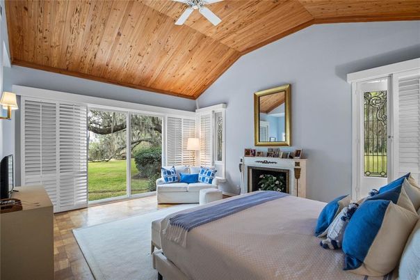 Bedroom, Fireplace, Interior, Wooden Ceilings, Wood Texture Flooring