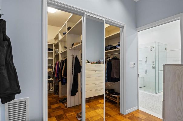 Bathroom, Glass Shower, Interior, Walk-in Closets, Wood Texture Flooring