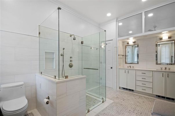 Bathroom, Dual Sink Vanities, Glass Shower, Interior, Recessed Lighting