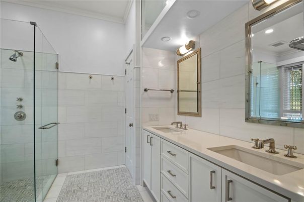Bathroom, Dual Sink Vanities, Glass Shower, Interior, Recessed Lighting