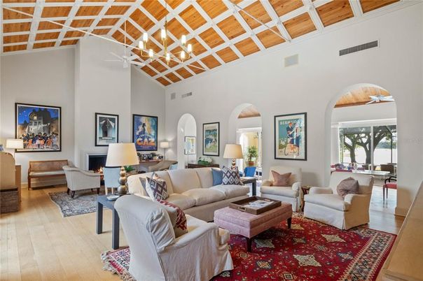 Chandelier, Fireplace, Interior, Living room, Pendant Lights, Wooden Ceilings, Wood Texture Flooring