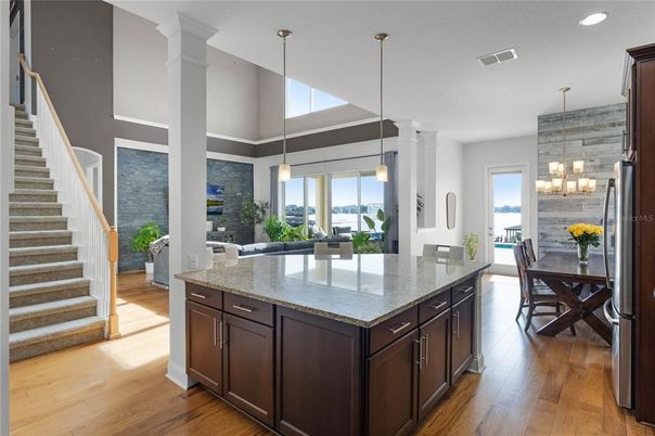 Chandelier, Dining room, Interior, Pendant Lights, Recessed Lighting, Wood Texture Flooring