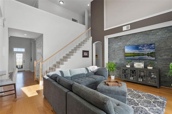 Interior, Living room, Recessed Lighting, Stone Walls, Wood Texture Flooring