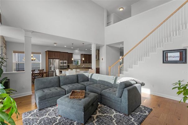 Dining room, Interior, Kitchen, Living room, Pendant Lights, Recessed Lighting, Stainless Steel Appliances, Wood Texture Flooring