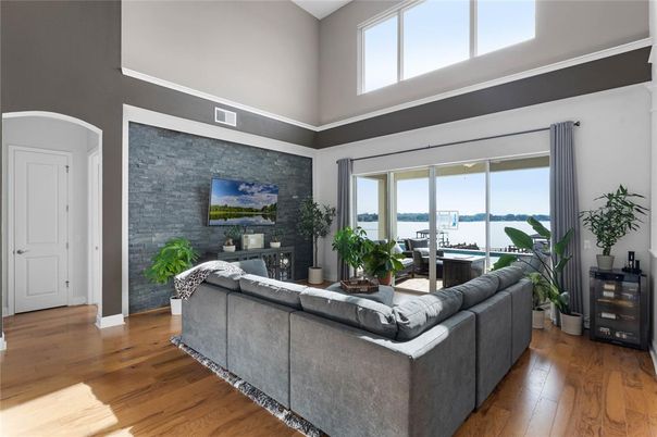 Fireplace, Interior, Living room, Stone Walls, Water, Wood Texture Flooring