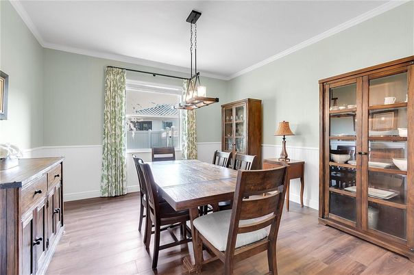 Dining room, Interior, Pendant Lights, Wood Texture Flooring