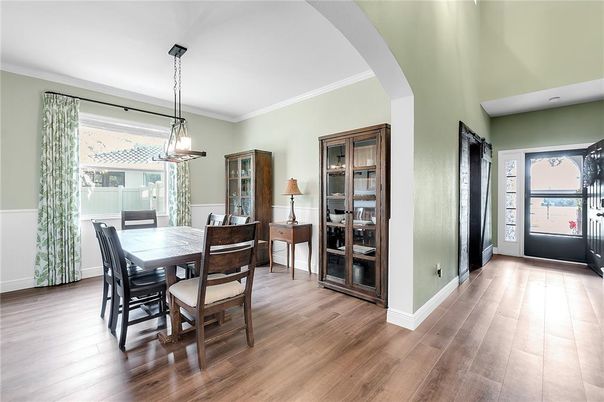 Dining room, Interior, Pendant Lights, Wood Texture Flooring