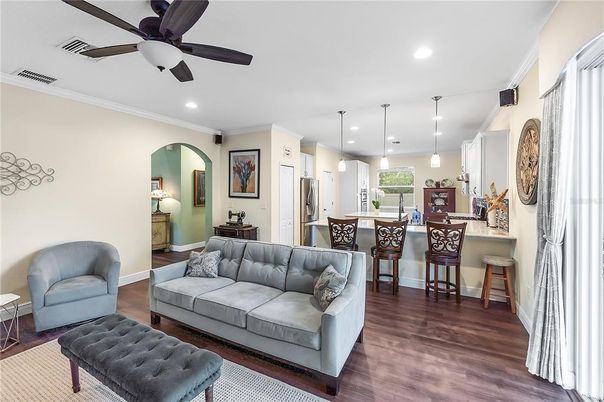Interior, Kitchen, Living room, Pendant Lights, Recessed Lighting, Wood Texture Flooring