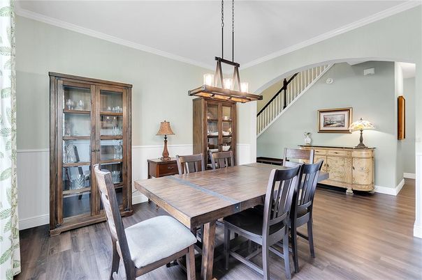 Dining room, Interior, Pendant Lights, Wood Texture Flooring