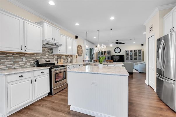 Interior, Kitchen, Pendant Lights, Recessed Lighting, Stainless Steel Appliances, Wood Texture Flooring