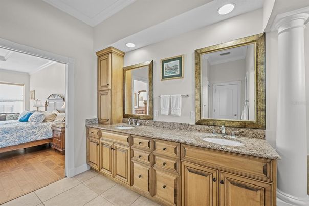 Bathroom, Bedroom, Dual Sink Vanities, Interior, Recessed Lighting, Wood Texture Flooring