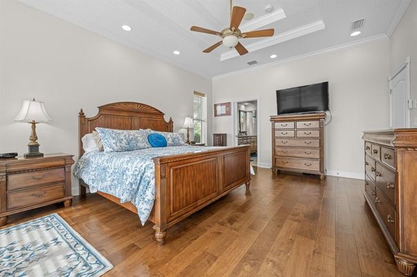 Bedroom, Interior, Recessed Lighting, Wood Texture Flooring