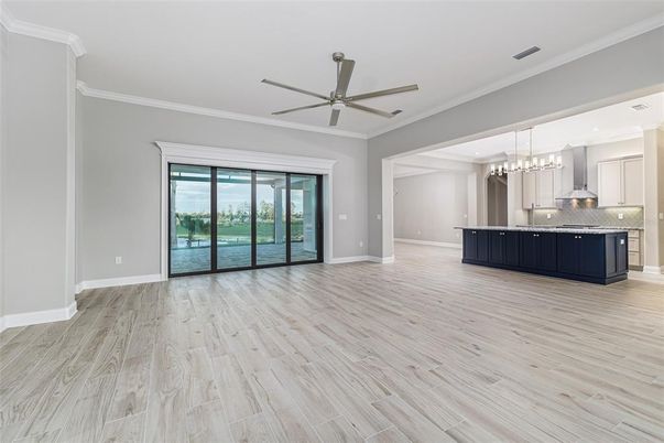 Empty room, Interior, Kitchen, Pendant Lights, Recessed Lighting, Wood Texture Flooring