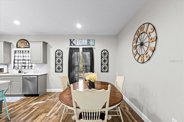 Dining room, Interior, Kitchen, Recessed Lighting, Wood Texture Flooring