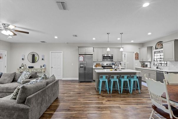 Interior, Kitchen, Living room, Pendant Lights, Recessed Lighting, Stainless Steel Appliances, Wood Texture Flooring